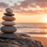 Stack of smooth pebbles balanced on a rock at the beach during sunset.
