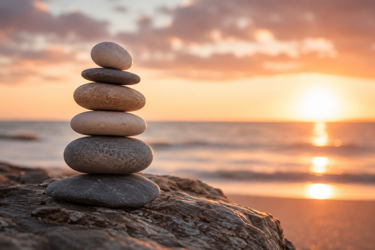 Stack of smooth pebbles balanced on a rock at the beach during sunset.